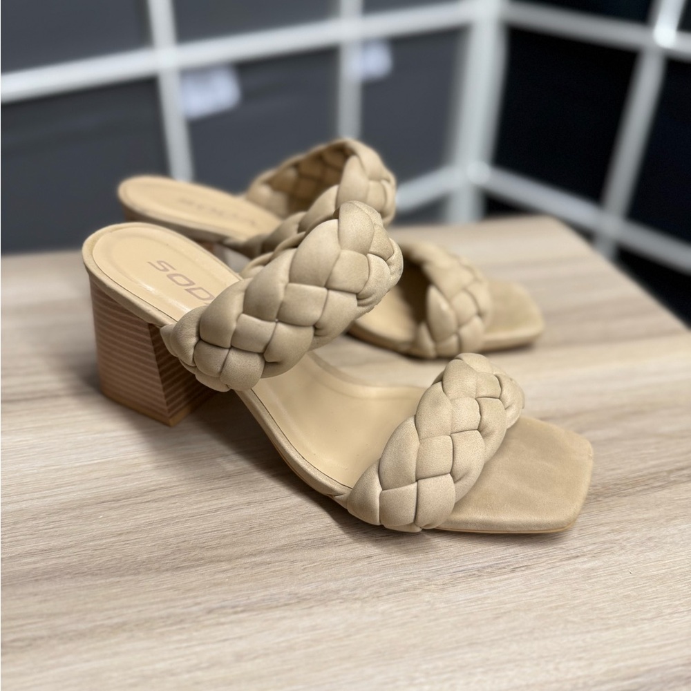Soda Women's Block Heel Beige Braided Light Nude Heels